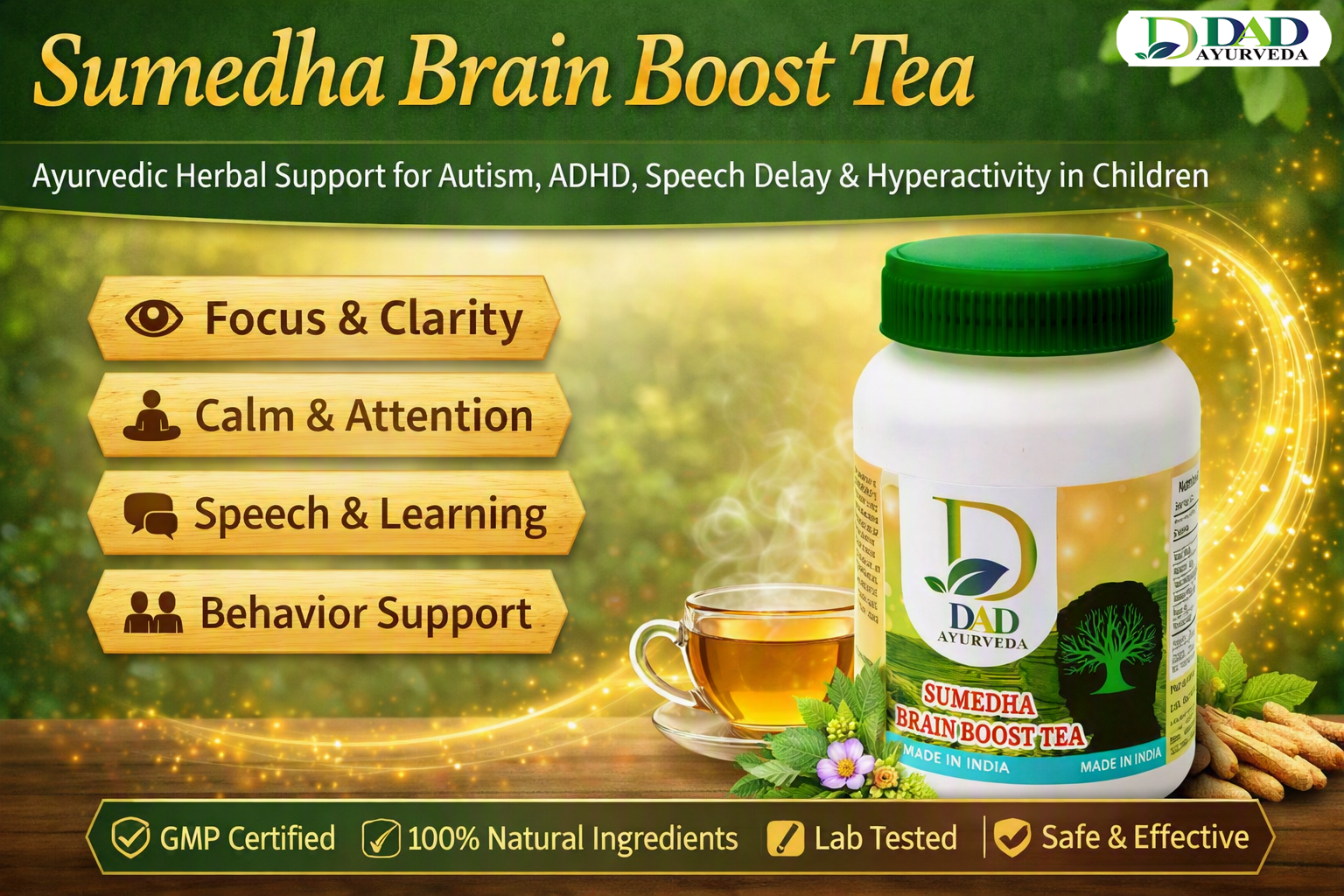 Sumedha Brain Boost Tea: Ayurvedic Herbal Support for Autism, ADHD, Speech Delay & Hyperactivity in Children